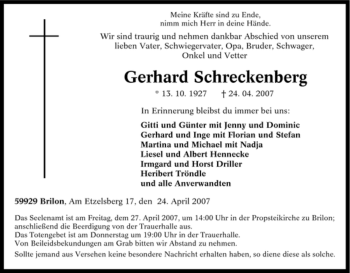Traueranzeige von Gerhard Schreckenberg von Tageszeitung