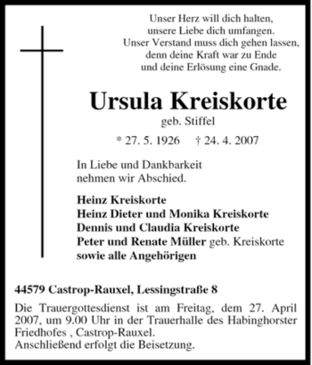 Traueranzeige von Ursula Kreiskorte von Tageszeitung