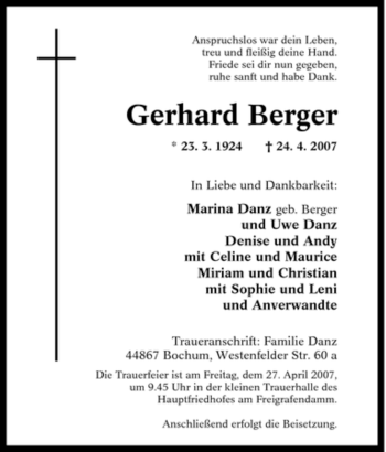 Traueranzeige von Gerhard Berger von Tageszeitung