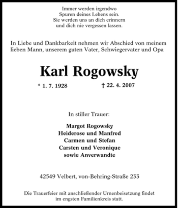 Traueranzeige von Karl Rogowsky von Tageszeitung
