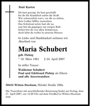 Traueranzeige von Maria Schubert von Tageszeitung