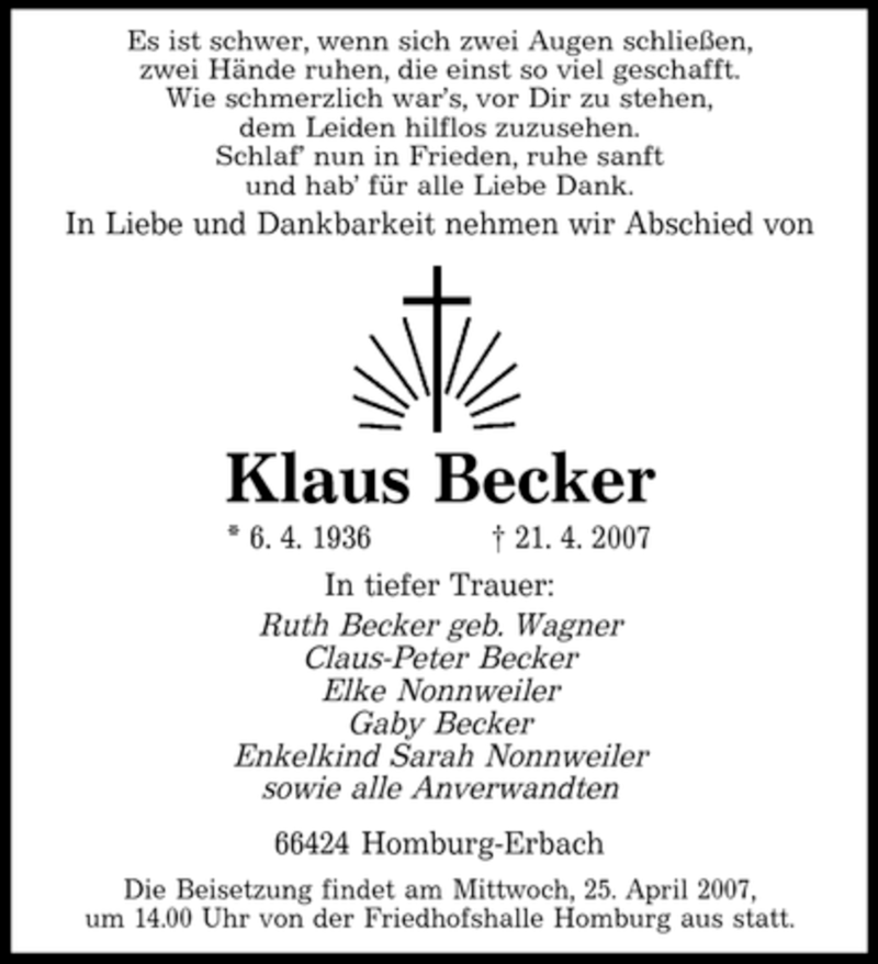  Traueranzeige für Klaus Becker vom 24.04.2007 aus Tageszeitung