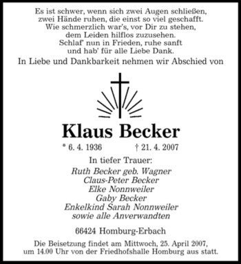 Traueranzeige von Klaus Becker von Tageszeitung