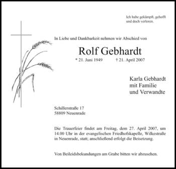Traueranzeige von Rolf Gebhardt von Tageszeitung