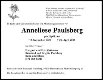 Traueranzeige von Anneliese Paulsberg von Tageszeitung