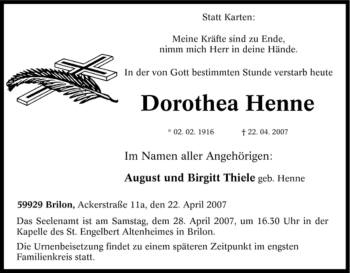 Traueranzeige von Dorothea Henne von Tageszeitung
