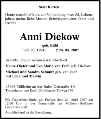 Traueranzeige von Anni Diekow von Tageszeitung