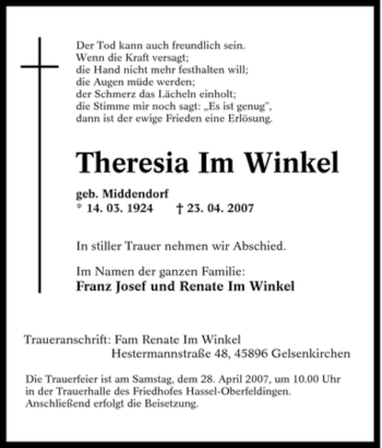 Traueranzeige von Theresia Im Winkel von Tageszeitung
