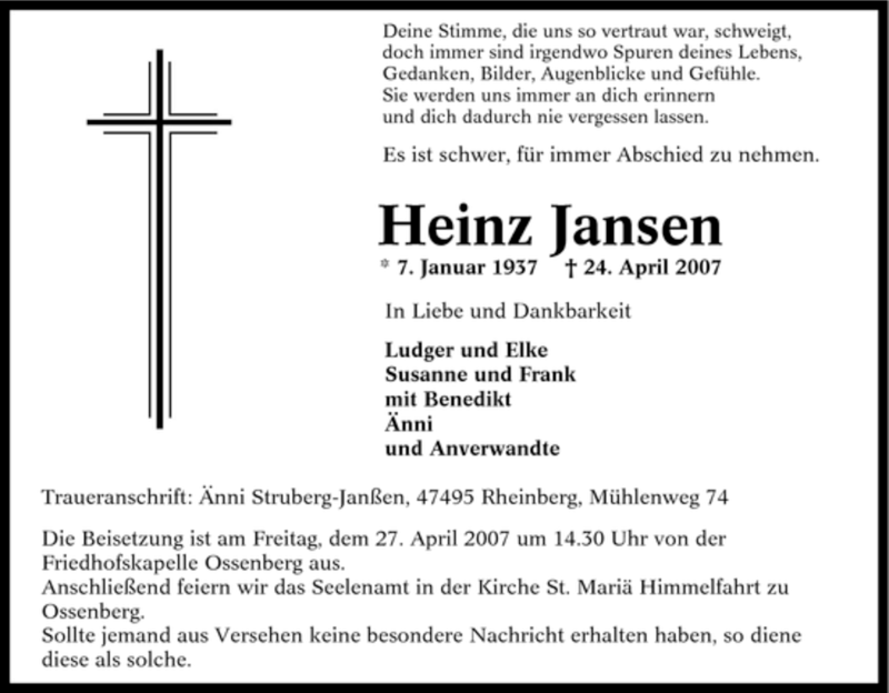  Traueranzeige für Heinz Jansen vom 26.04.2007 aus Tageszeitung