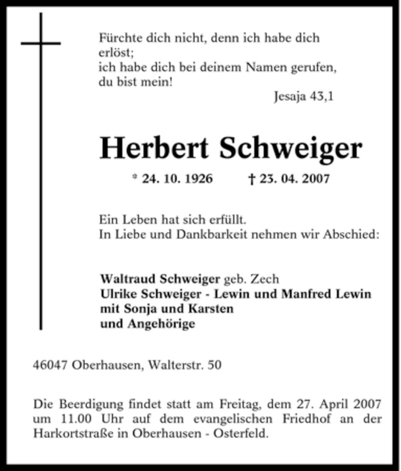  Traueranzeige für Herbert Schweiger vom 26.04.2007 aus Tageszeitung