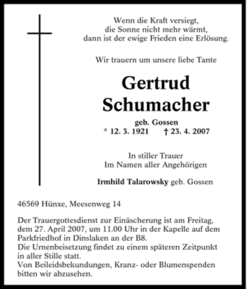 Traueranzeige von Gertrud Schumacher von Tageszeitung