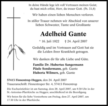 Traueranzeige von Adelheid Gante von Tageszeitung