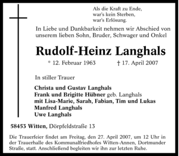 Traueranzeige von Rudolf-Heinz Langhals von Tageszeitung