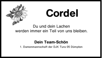 Traueranzeige von Cordel Du und dein Lachen werden immer ein Teil von uns blei Team-Schön von Tageszeitung