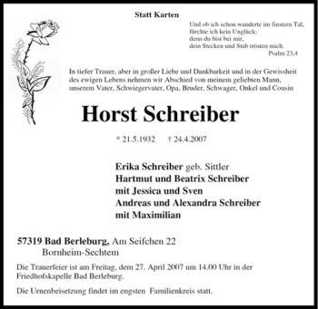 Traueranzeige von Horst Schreiber von Tageszeitung