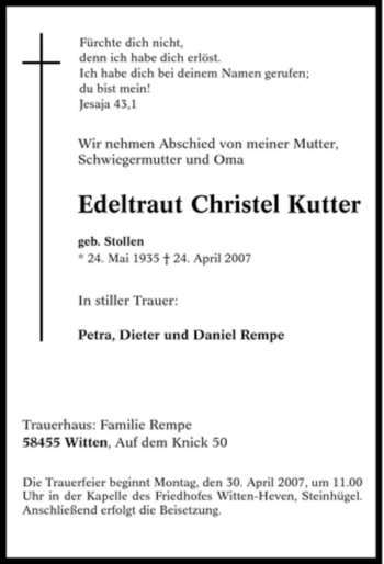 Traueranzeige von Edeltraut Christel Kutter von Tageszeitung