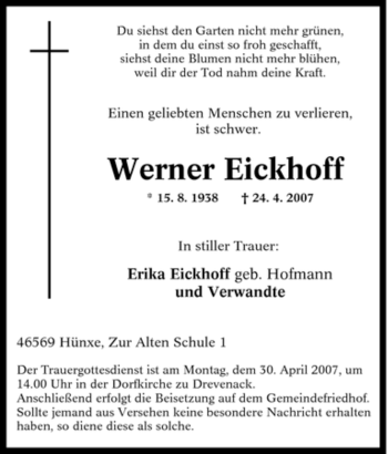 Traueranzeige von Werner Eickhoff von Tageszeitung