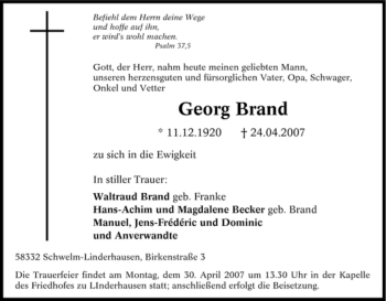 Traueranzeige von Georg Brand von Tageszeitung