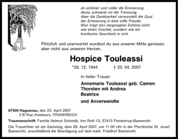 Traueranzeige von Hospice Touleassi von Tageszeitung