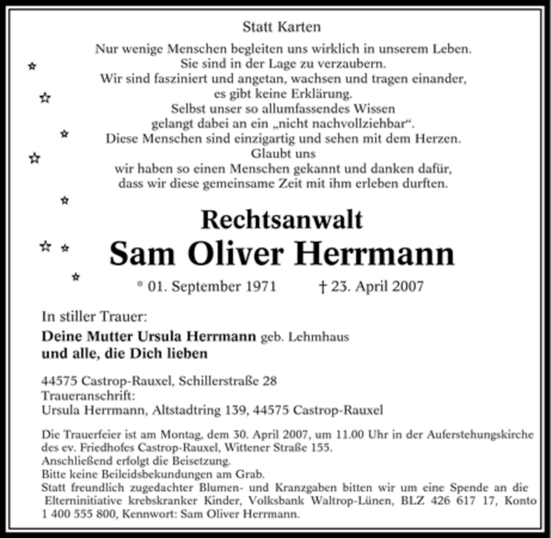  Traueranzeige für Sam Oliver Herrmann vom 26.04.2007 aus Tageszeitung