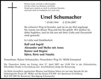 Traueranzeige von Ursel Schumacher von Tageszeitung