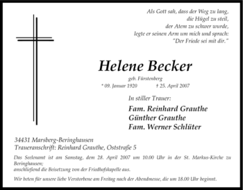 Traueranzeige von Helene Becker von Tageszeitung