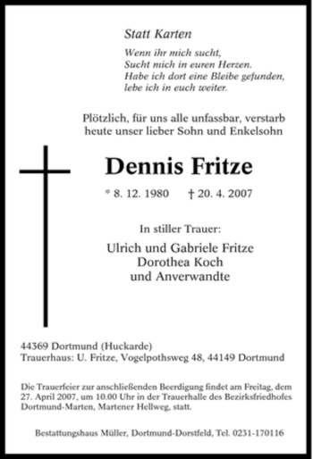 Traueranzeige von Dennis Fritze von Tageszeitung