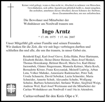 Traueranzeige von Ingo Arntz von Tageszeitung