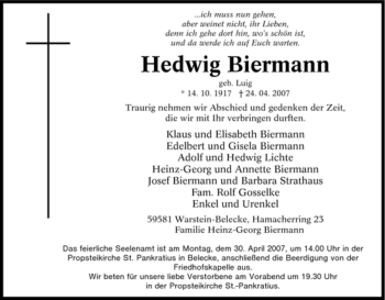 Traueranzeige von Hedwig Biermann von Tageszeitung