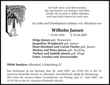 Traueranzeige von Wilhelm Jansen von Tageszeitung