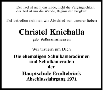 Traueranzeige von Christel Knichalla von Tageszeitung