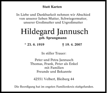 Traueranzeige von Hildegard Jannusch von Tageszeitung