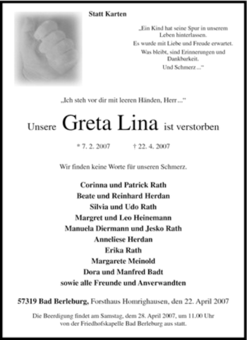 Traueranzeige von Greta Lina von Tageszeitung
