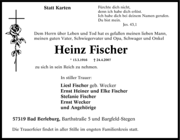 Traueranzeige von Heinz Fischer von Tageszeitung