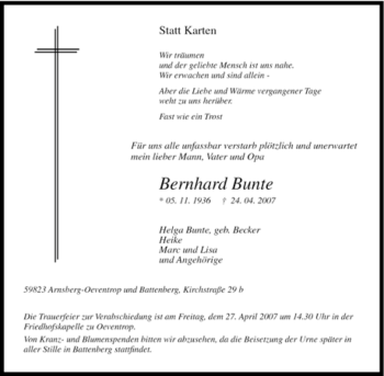 Traueranzeige von Bernhard Bunte von Tageszeitung