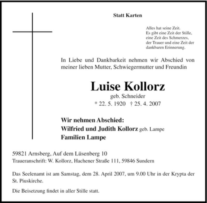  Traueranzeige für Luise Kollorz vom 26.04.2007 aus Tageszeitung