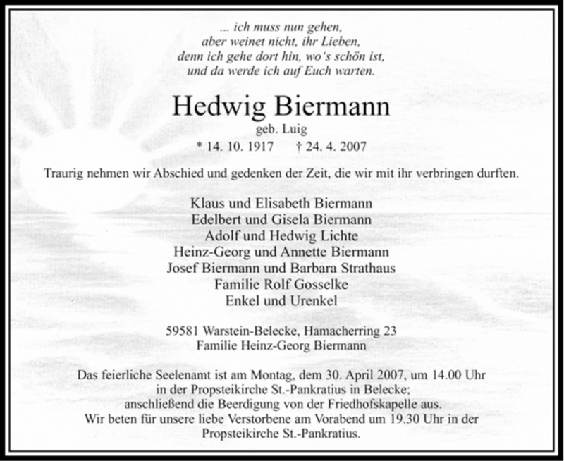  Traueranzeige für Hedwig Biermann vom 26.04.2007 aus Tageszeitung