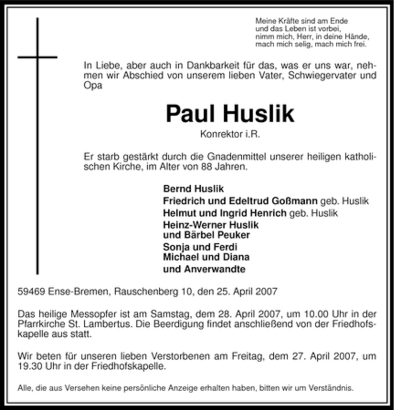  Traueranzeige für Paul Huslik vom 26.04.2007 aus Tageszeitung