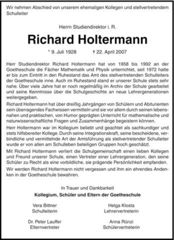 Traueranzeige von Richard Holtermann von Tageszeitung