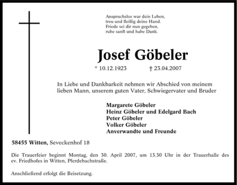  Traueranzeige für Josef Göbeler vom 27.04.2007 aus Tageszeitung