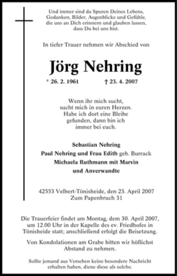 Traueranzeige von Jörg Nehring von Tageszeitung