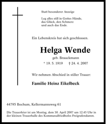 Traueranzeige von Helga Wende von Tageszeitung