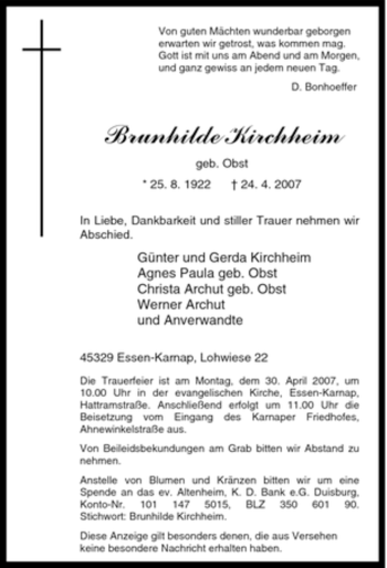 Traueranzeige von Brunhilde Kirchheim von Tageszeitung