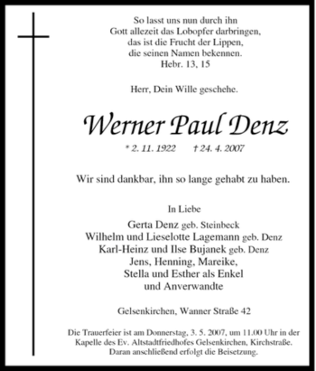 Traueranzeige von Werner Paul Denz von Tageszeitung
