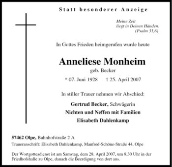 Traueranzeige von Anneliese Monheim von Tageszeitung
