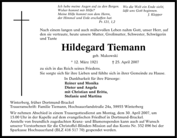 Traueranzeige von Hildegard Tiemann von Tageszeitung