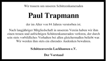 Traueranzeige von Paul Trapmann von Tageszeitung