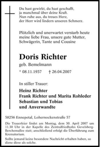 Traueranzeige von Doris Richter von Tageszeitung
