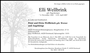 Traueranzeige von Elli Wellbrink von Tageszeitung