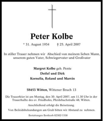 Traueranzeige von Peter Kolbe von Tageszeitung